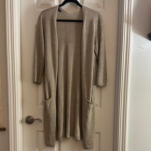 Talbots tan 100% linen small long line open front cardigan